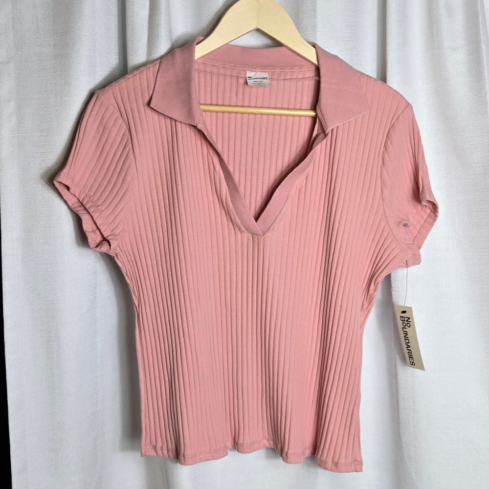 New No Boundaries Y2K Style Pink Ribbed Collared Short Sleeve Crop Top‎ XXL 20
